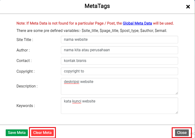 cara setting meta tag di sitepad